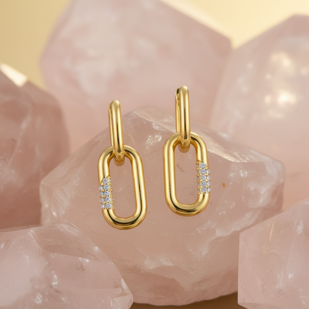 Double Link Earrings - Soft Pink Crystal Background