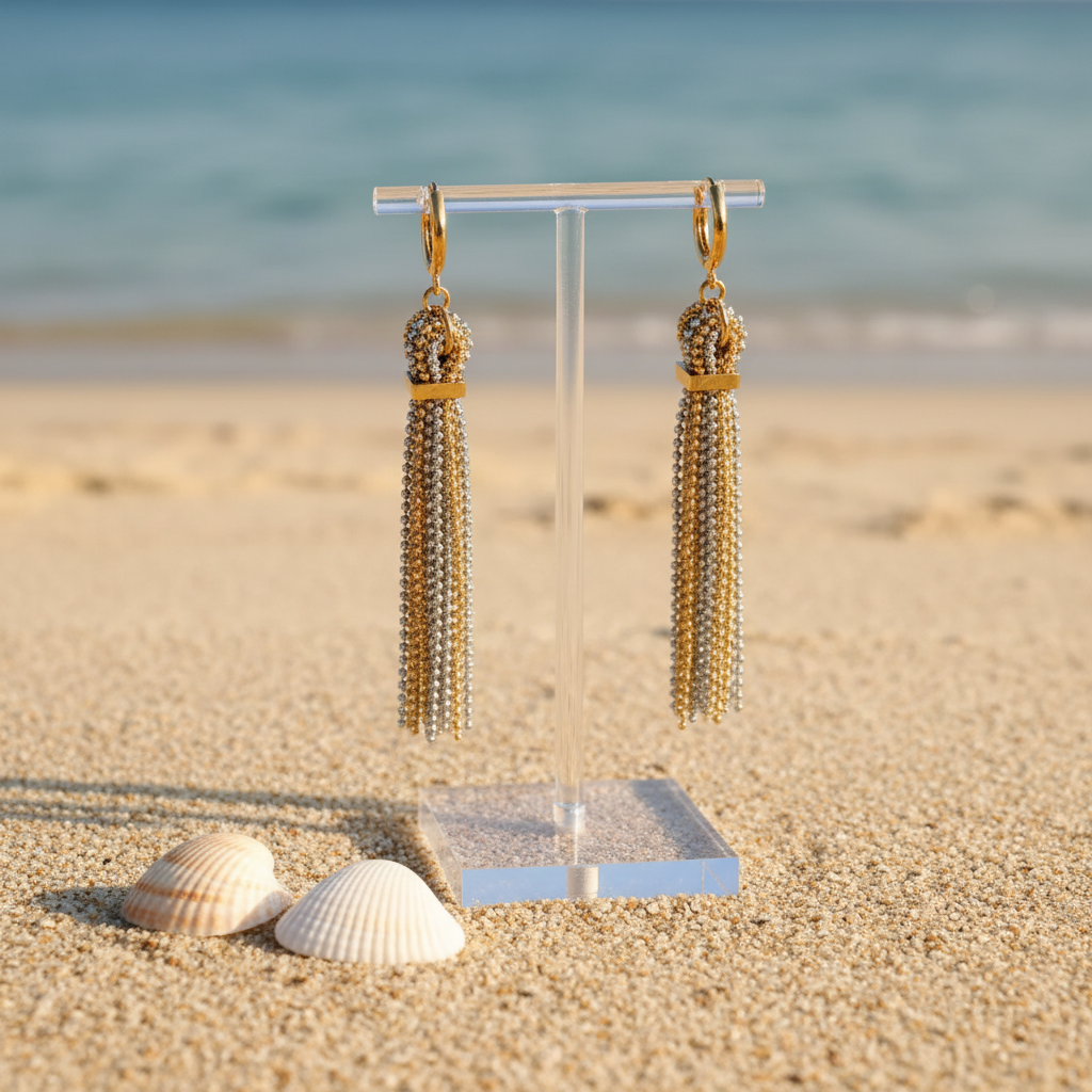 Earrings on display with sandy background and seashells