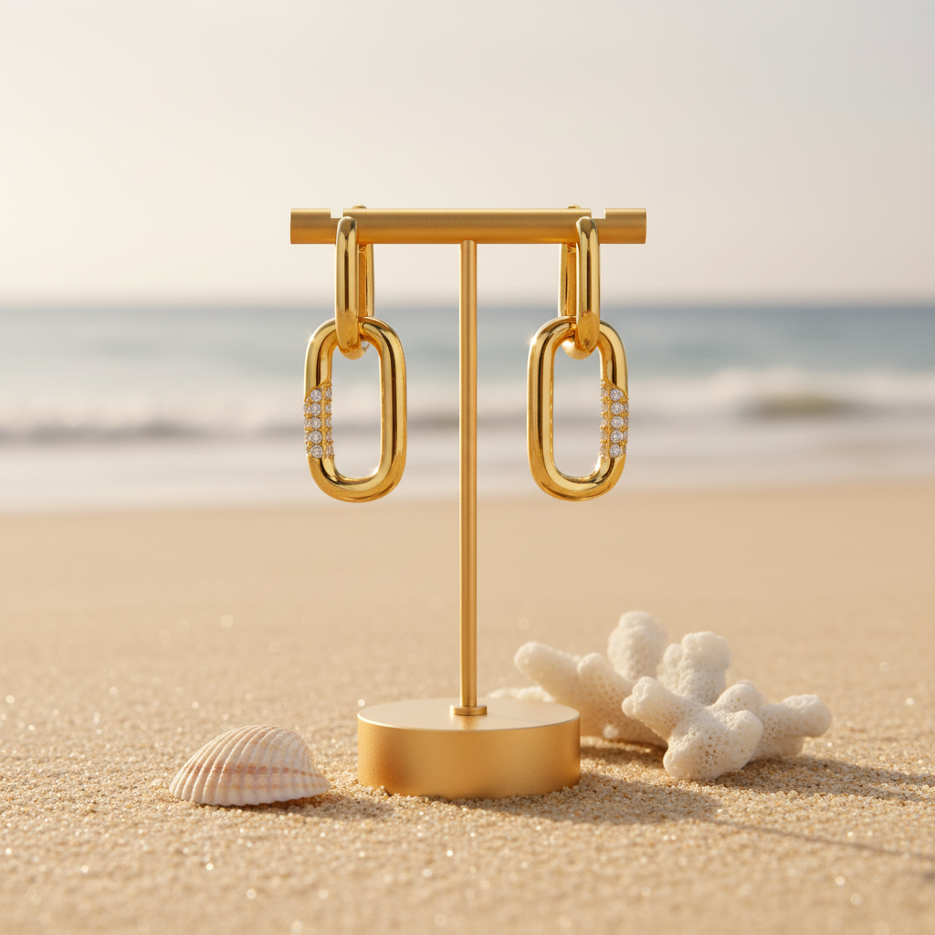 Earrings on display with sandy background and seashells