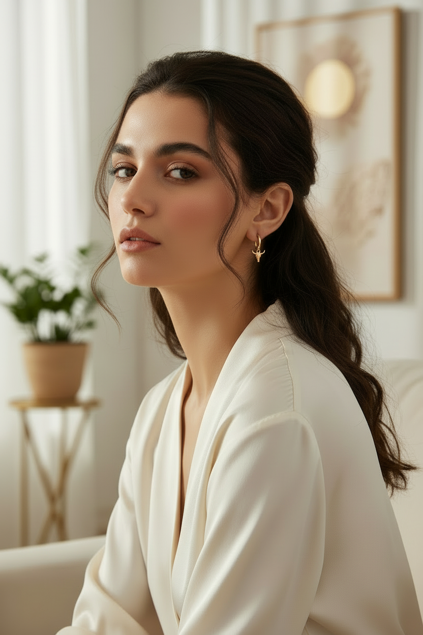 Model wearing very small earrings