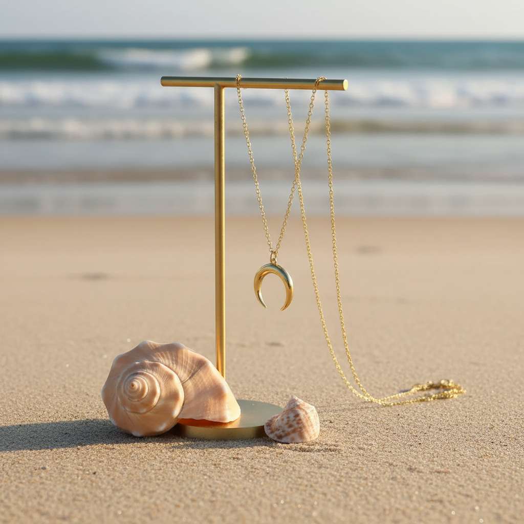 Necklace on display with sandy background and seashells