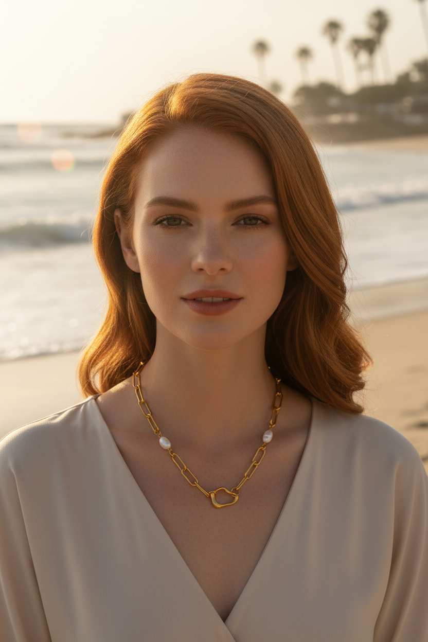 Redhead model wearing necklace