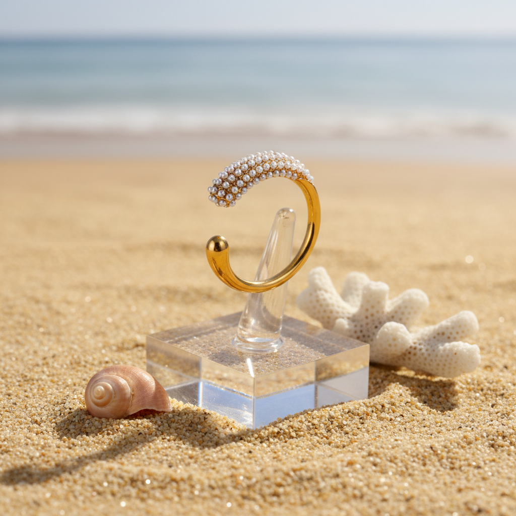 Ring on display with sandy background and seashells