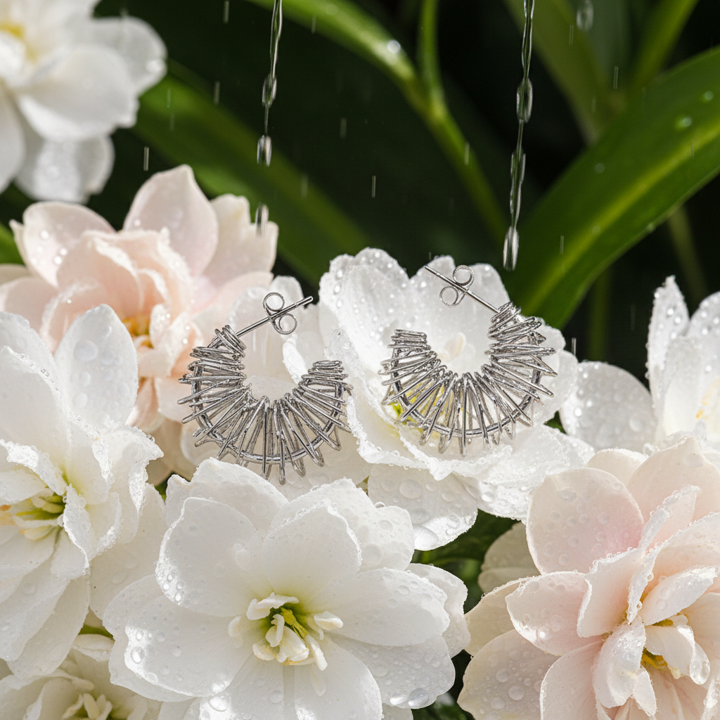Silver Wire Hoops - Flowers & Water